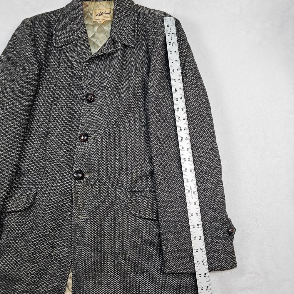 Vtg 80's Lakeland Sportswear Coat Mens 36 Tweed Wool Car Coat Liner Black Gray - Picture 10 of 16